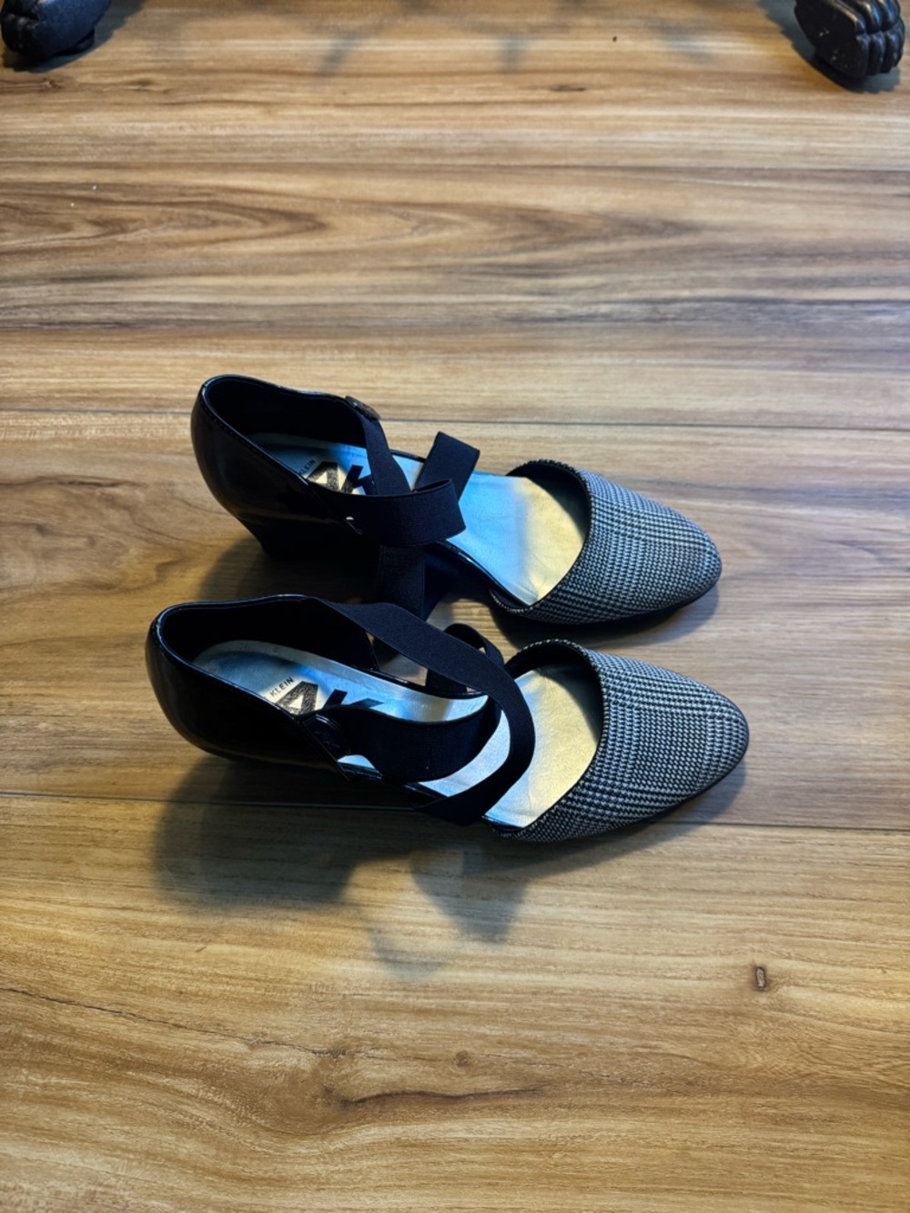Anne Klein Sport Black and Gray Cross-Strap Pointed Toe Heels